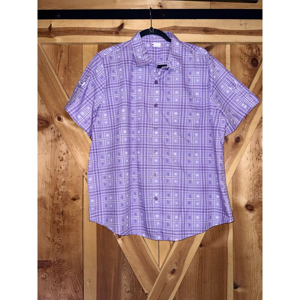 VTG Purple Plaid Floral Button Up Shirt Womens XL Cuffed Sleeve Grandma Pastel